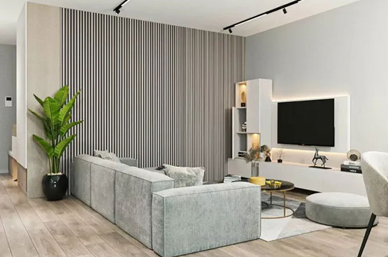 Звукоизоляционные стеновые панели Cosca Decor. Пример оформления интерьера в гостиной